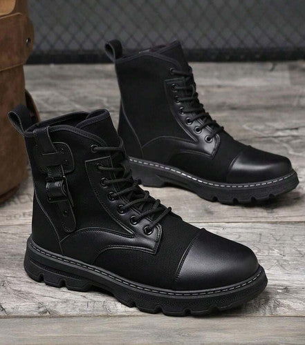 Men's Lace Up Mid Top Shoes, PU/Canvas Upper And Non Slip PVC Sole, Lightweight